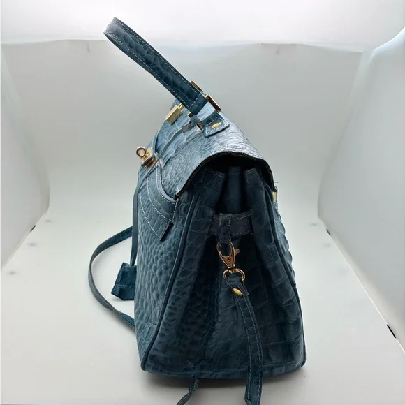 Elegant Blue Crocodile Embossed Leather Birkin Style Handbag Tote - Picture 3 of 8